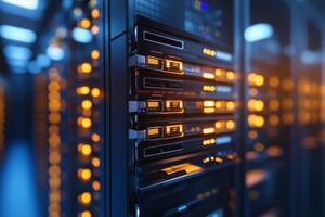 Data center with server racks illuminated by glowing lights during nighttime operations photo