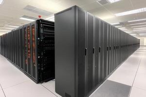 Data center showcasing advanced server racks and storage systems in a modern facility photo