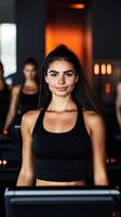 Young woman exercising in a gym surrounded by others in the evening, promoting fitness and wellness photo