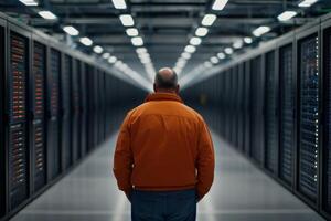 Person in orange jacket walks through data center filled with servers in a dimly lit corridor photo