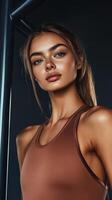 Confident woman posing in workout attire with natural makeup in a gym setting during evening hours photo