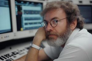 A focused technician with glasses and a beard is seated in a control center, analyzing data on several vintage monitors. photo