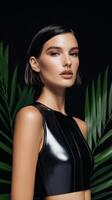 Model poses confidently in a stylish black outfit with tropical leaves in the background during a fashion shoot photo