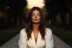 Woman meditating peacefully in a serene park during golden hour photo