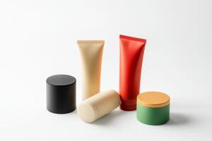 Stylish collection of modern cosmetic containers in various colors and shapes arranged on a bright background photo