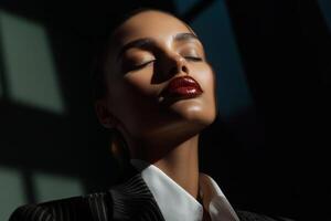 Model poses with closed eyes in a stylish suit, showcasing high-fashion elegance and makeup in natural light photo