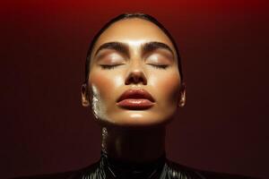 A model features flawless, glowing skin with closed eyes while showcasing glossy lips against a vibrant background, creating an artistic beauty aesthetic photo