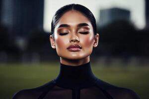 Young woman poses confidently with closed eyes, showcasing vibrant makeup against an urban backdrop during daylight photo