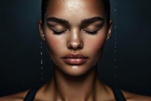 Captivating close-up of a woman with glistening skin, eyes closed, illuminated against a dark background, showcasing beauty and tranquility photo