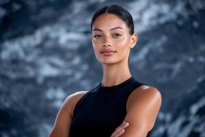 Portrait of a confident woman with a serene expression, showcasing natural beauty and elegance against an artistic backdrop photo