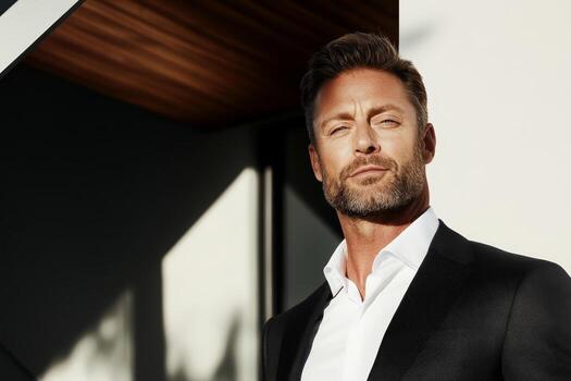 Confident male model posing elegantly in stylish attire in modern architectural setting photo