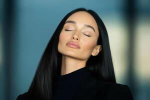 Model exudes calm confidence with closed eyes in a modern setting during a fashion shoot photo