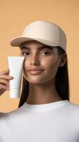 Woman holds skincare product while wearing a cap, showcasing beauty routine in minimalistic setting photo
