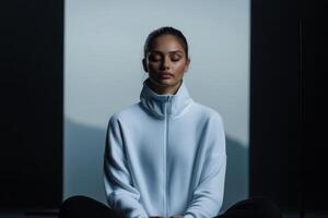 Mindful meditation practice in a serene and minimalistic indoor setting during early morning hours photo