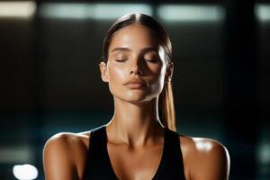 Meditation practice in a serene indoor environment during evening hours. A woman practices meditation in a calm indoor space, with her eyes closed and an expression of tranquility. photo