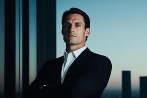 Confident businessman poses in modern office against city skyline during twilight hours photo