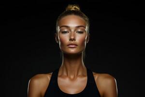 Captivating portrait of a confident model in a studio setting showcasing natural beauty and strong features photo