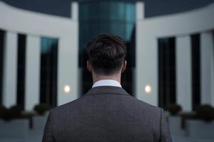 Man in formal attire stands confidently outside modern office building at twilight photo