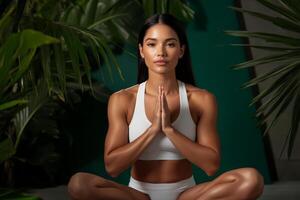 A woman in athletic wear meditates seated in a cross-legged position, hands in a prayer gesture, amidst lush green plants, creating a serene atmosphere for mindfulness photo