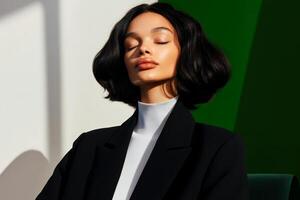 Model poses confidently in stylish outfit against modern green backdrop during bright daylight photo
