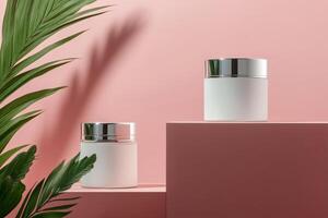 Minimalistic display of skincare products against a pink background with greenery photo