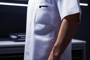 Medical professional in a lab coat working in a modern facility during evening hours photo