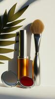 Brightly colored makeup products, including a brush and compact, are showcased against a clean background, highlighting their stylish design and vibrant hues photo