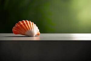 Beautiful conch shell resting on a smooth surface with a soft green background in natural light photo