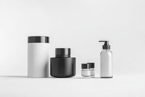 Display of various skincare and cosmetic containers arranged on a neutral background photo