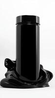 Artistic black container with flowing liquid shape on a white background in a modern design showcase photo
