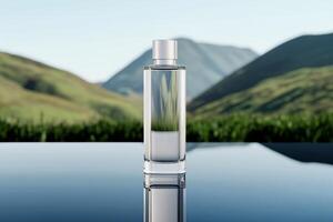 Clear glass bottle reflecting nature amidst rolling green hills and mountains during daylight photo