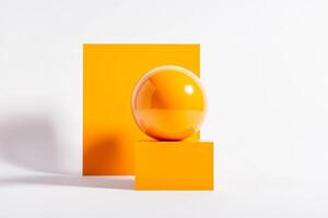 Vibrant yellow sphere balanced on geometric shapes in a minimalistic design setting photo