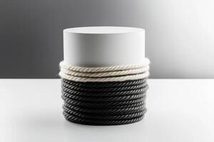 Artistic arrangement of black and white ropes on a minimalist white pedestal in a modern setting shared with soft lighting photo