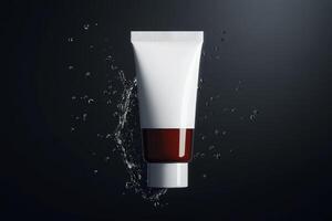 Creative splash effect of a cosmetic tube with dark liquid against a black background photo