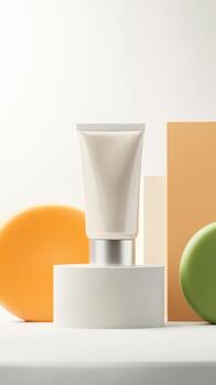 Skin care product displayed elegantly with colorful geometric shapes on a neutral background in a well-lit setting photo