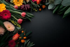 Vibrant bouquet of flowers arranged on dark background showcasing diverse colors and textures in a natural setting photo