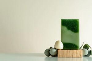 Green organic soap displayed on a wooden stand with botanical elements and a minimalist background photo