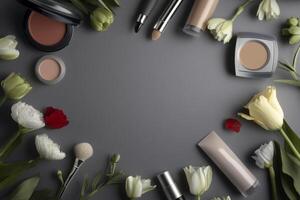 Elegant makeup arrangement surrounded by fresh flowers on a smooth gray background photo