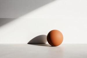 Spherical terracotta object casting a shadow on a minimalist background during daylight photo
