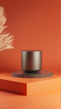 elegante moderno taza en un texturizado superficie en contra un vibrante naranja fondo foto