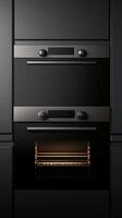 Modern built-in kitchen oven with sleek black design and lighting on the lower level photo