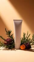 Natural skincare tube placed among herbs and a fruit against warm background lighting in a creative setup photo