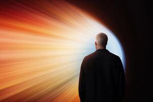 Man standing at the edge of a brightly colored tunnel conveying motion and depth photo