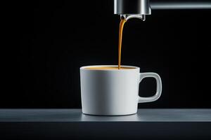 Freshly brewed coffee pours into a white cup on a dark counter in a modern kitchen setting photo