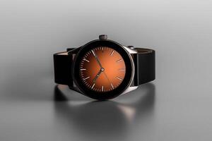 Elegant wristwatch with orange dial and black strap on a reflective surface highlighting its sleek design and craftsmanship photo