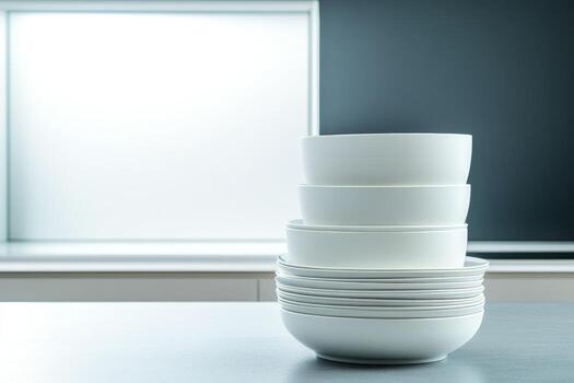 Stacked white ceramic bowls on a minimalist kitchen counter in a modern home setting photo