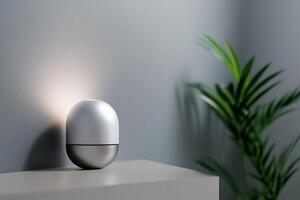 Modern table lamp illuminating a stylish room with greenery in the background in soft evening light photo