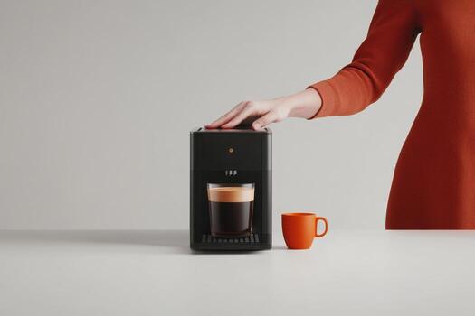 Preparing a delicious cup of coffee with a modern coffee machine in a minimalistic kitchen setting. A hand presses the button on a sleek coffee machine, preparing a fresh cup of espresso. photo