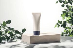 Natural skincare product displayed elegantly on a wooden platform surrounded by greenery photo