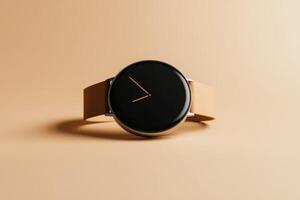 Modern minimalist watch with a sleek black face and camel leather strap positioned on a light beige background photo